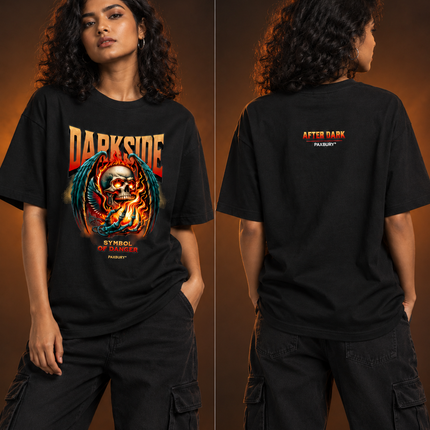 PAXBURY Darkside oversized black graphic T-shirt on Indian female model, front and back