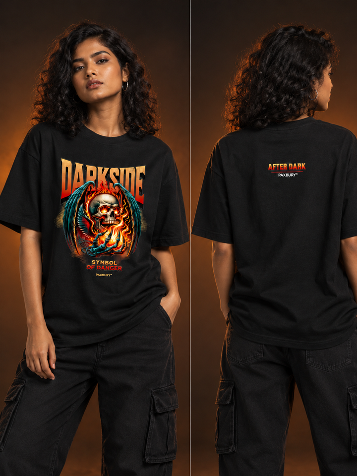 PAXBURY Darkside oversized black graphic T-shirt on Indian female model, front and back