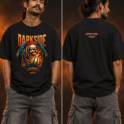 PAXBURY Darkside oversized black graphic T-shirt on Indian male model, front and back