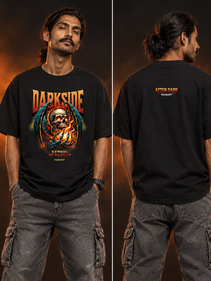 PAXBURY Darkside oversized black graphic T-shirt on Indian male model, front and back