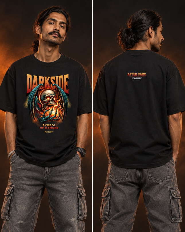 PAXBURY Darkside oversized black graphic T-shirt on Indian male model, front and back