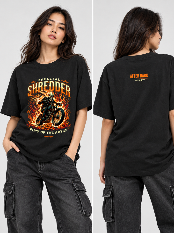 PAXBURY Skeletal Shredder black graphic T-shirt on female model, front and back views