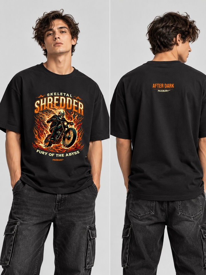 PAXBURY Skeletal Shredder black graphic T-shirt on male model, front and back views