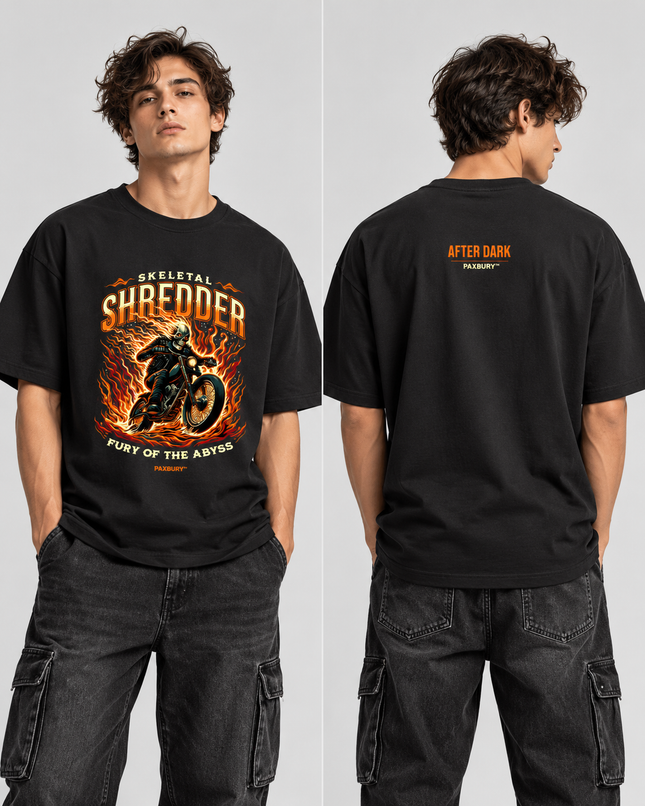 PAXBURY Skeletal Shredder black graphic T-shirt on male model, front and back views