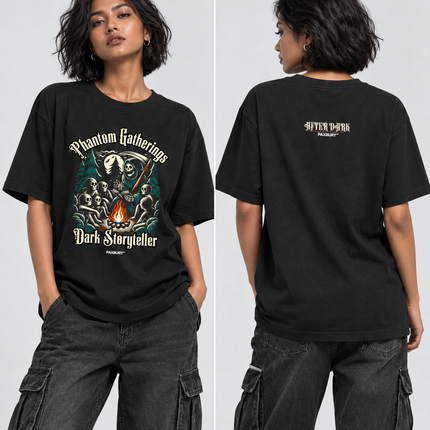 PAXBURY Dark Storyteller oversized black graphic T-shirt on Indian female model, front and back views