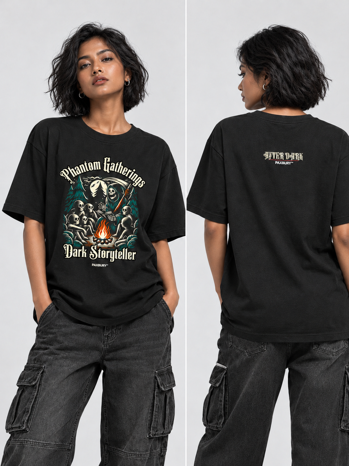 PAXBURY Dark Storyteller oversized black graphic T-shirt on Indian female model, front and back views