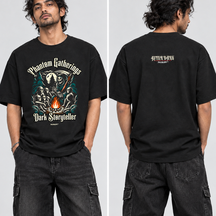 PAXBURY Dark Storyteller oversized black graphic T-shirt on Indian male model, front and back views