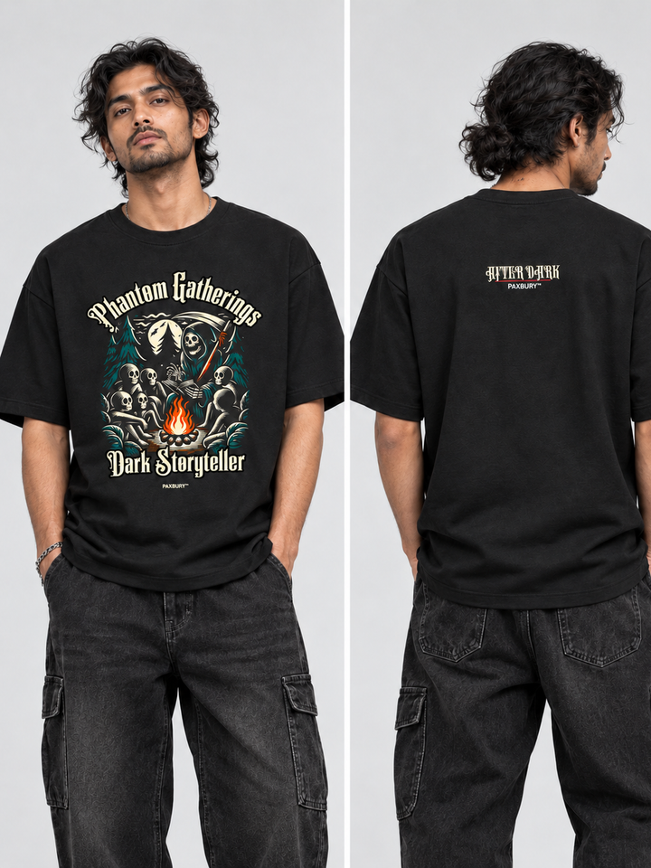 PAXBURY Dark Storyteller oversized black graphic T-shirt on Indian male model, front and back views