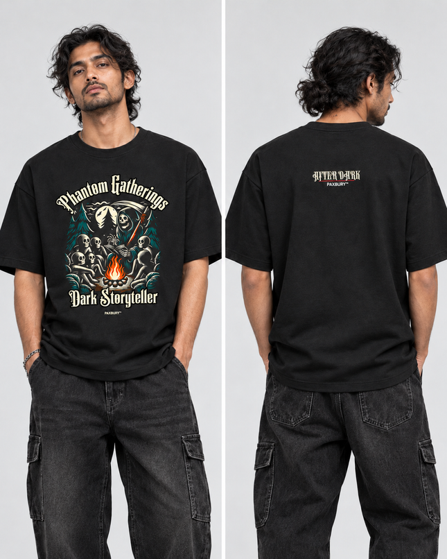 PAXBURY Dark Storyteller oversized black graphic T-shirt on Indian male model, front and back views