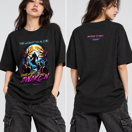 PAXBURY Shadows Awaken black graphic T-shirt on female model, front and back views
