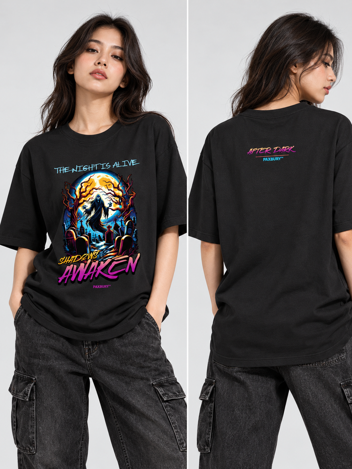PAXBURY Shadows Awaken black graphic T-shirt on female model, front and back views