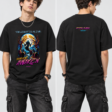 PAXBURY Shadows Awaken black graphic T-shirt on male model, front and back views
