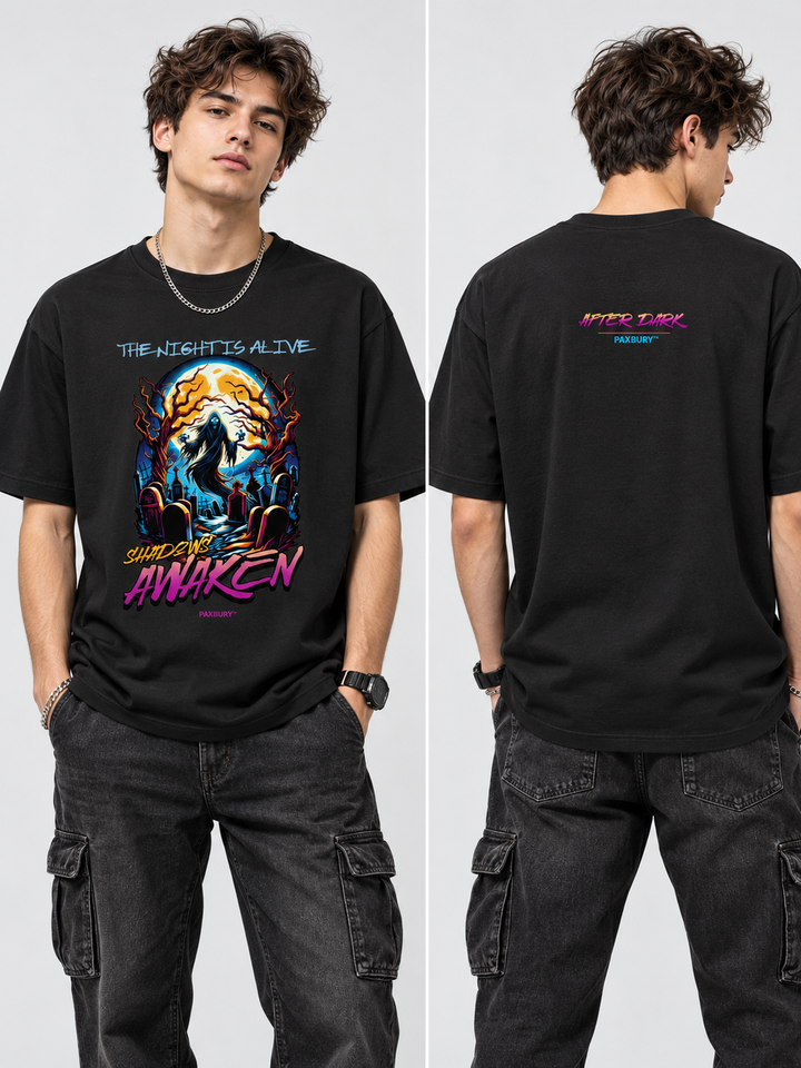 PAXBURY Shadows Awaken black graphic T-shirt on male model, front and back views