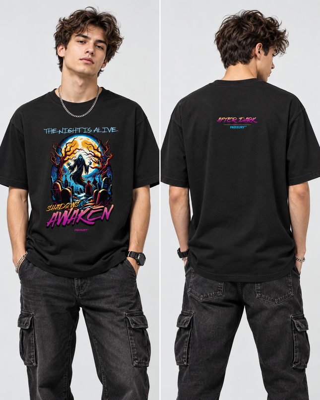 PAXBURY Shadows Awaken black graphic T-shirt on male model, front and back views