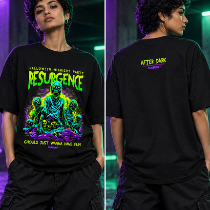 PAXBURY Resurgence oversized black graphic T-shirt on Indian female model, front and back