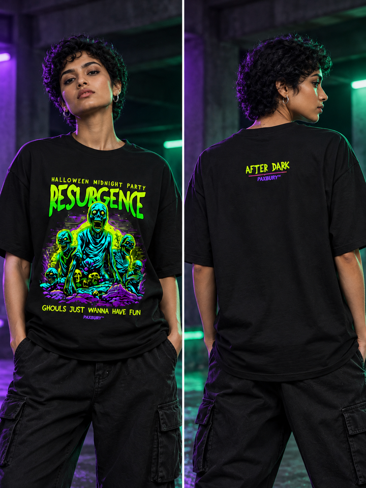 PAXBURY Resurgence oversized black graphic T-shirt on Indian female model, front and back