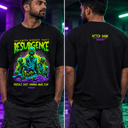 PAXBURY Resurgence oversized black graphic T-shirt on Indian male model, front and back