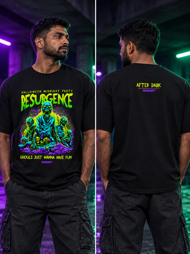 PAXBURY Resurgence oversized black graphic T-shirt on Indian male model, front and back