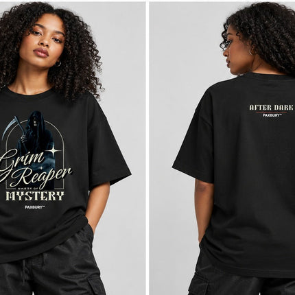 PAXBURY GRIM REAPER MASTER OF MYSTERY oversized graphic T-shirt on female model, front and back views