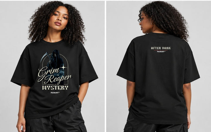PAXBURY GRIM REAPER MASTER OF MYSTERY oversized graphic T-shirt on female model, front and back views