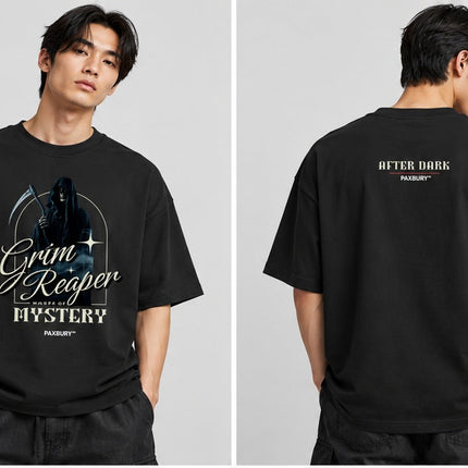 PAXBURY GRIM REAPER MASTER OF MYSTERY oversized graphic T-shirt on male model, front and back views