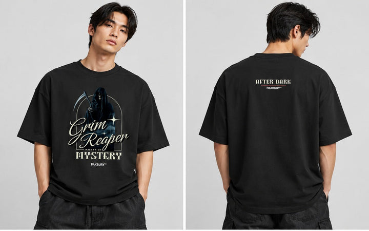 PAXBURY GRIM REAPER MASTER OF MYSTERY oversized graphic T-shirt on male model, front and back views