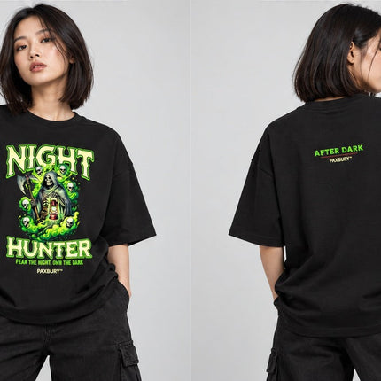 PAXBURY NIGHT HUNTER oversized graphic T-shirt on female model, front and back views