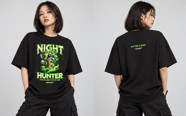 PAXBURY NIGHT HUNTER oversized graphic T-shirt on female model, front and back views