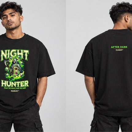 PAXBURY NIGHT HUNTER oversized graphic T-shirt on male model, front and back views