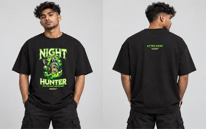 PAXBURY NIGHT HUNTER oversized graphic T-shirt on male model, front and back views