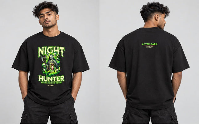 PAXBURY NIGHT HUNTER oversized graphic T-shirt on male model, front and back views