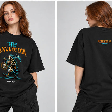 PAXBURY THE COLLECTOR oversized graphic T-shirt on female model, front and back views