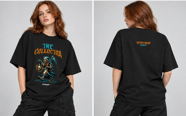 PAXBURY THE COLLECTOR oversized graphic T-shirt on female model, front and back views