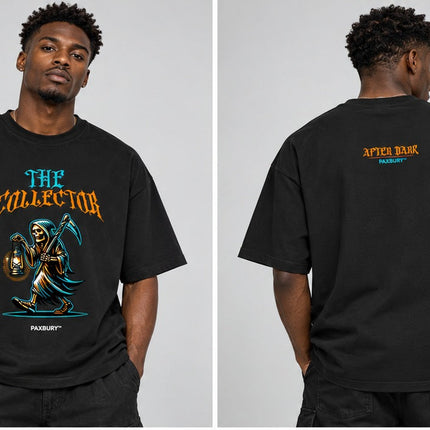 PAXBURY THE COLLECTOR oversized graphic T-shirt on male model, front and back views