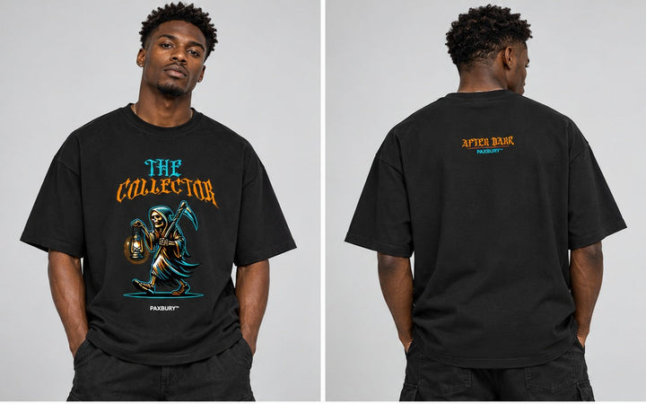 PAXBURY THE COLLECTOR oversized graphic T-shirt on male model, front and back views