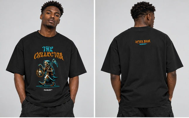 PAXBURY THE COLLECTOR oversized graphic T-shirt on male model, front and back views