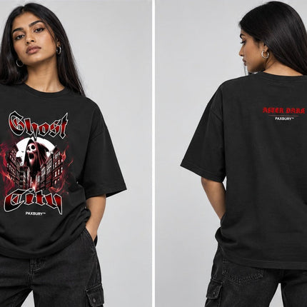 PAXBURY GHOST CITY oversized graphic T-shirt on female model, front and back views