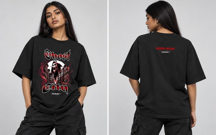 PAXBURY GHOST CITY oversized graphic T-shirt on female model, front and back views