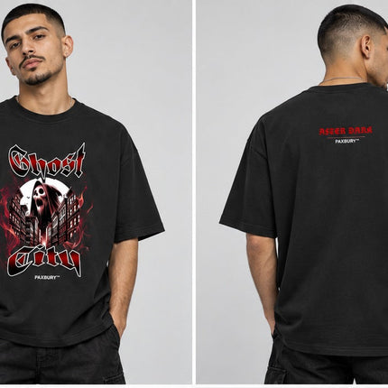 PAXBURY GHOST CITY oversized graphic T-shirt on male model, front and back views