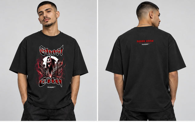 PAXBURY GHOST CITY oversized graphic T-shirt on male model, front and back views
