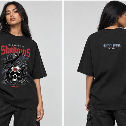 PAXBURY BORN FROM THE SHADOWS oversized graphic T-shirt on female model, front and back views