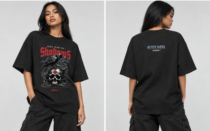PAXBURY BORN FROM THE SHADOWS oversized graphic T-shirt on female model, front and back views
