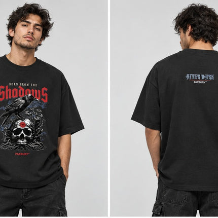 PAXBURY BORN FROM THE SHADOWS oversized graphic T-shirt on male model, front and back views