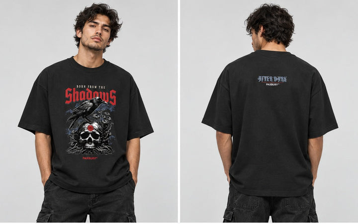 PAXBURY BORN FROM THE SHADOWS oversized graphic T-shirt on male model, front and back views