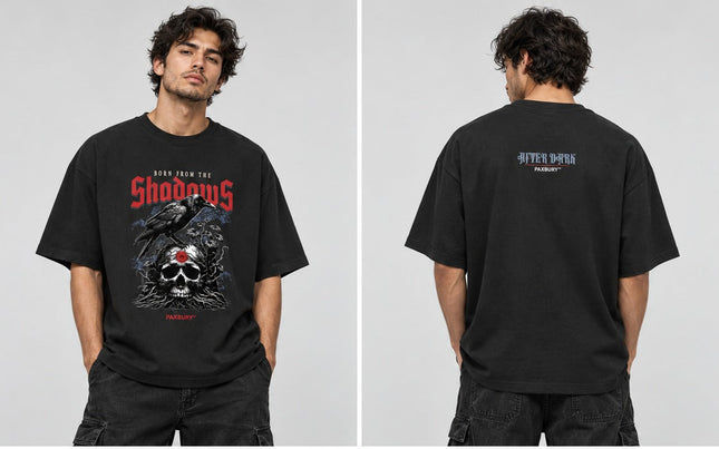 PAXBURY BORN FROM THE SHADOWS oversized graphic T-shirt on male model, front and back views