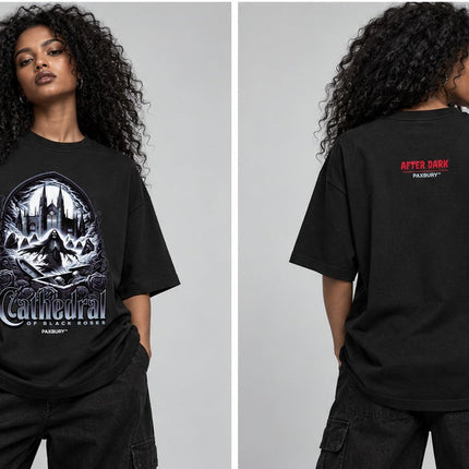 PAXBURY CATHEDRAL OF BLACK ROSES oversized graphic T-shirt on female model, front and back views