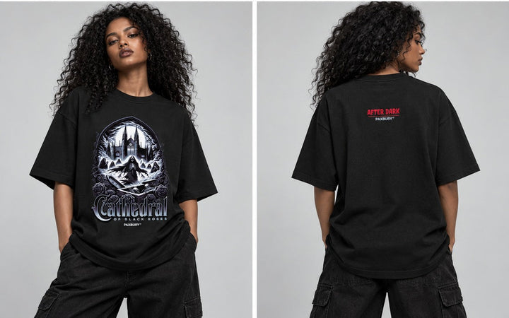 PAXBURY CATHEDRAL OF BLACK ROSES oversized graphic T-shirt on female model, front and back views