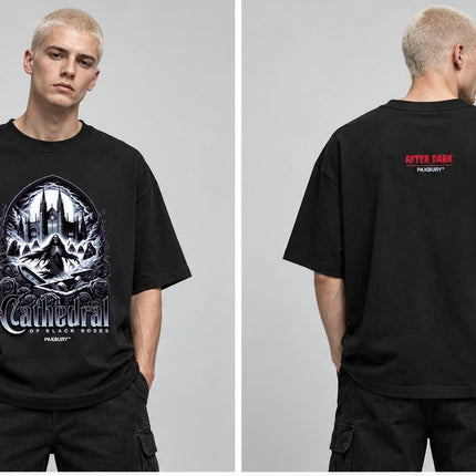 PAXBURY CATHEDRAL OF BLACK ROSES oversized graphic T-shirt on male model, front and back views