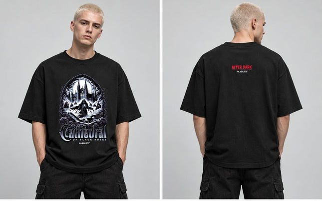 PAXBURY CATHEDRAL OF BLACK ROSES oversized graphic T-shirt on male model, front and back views