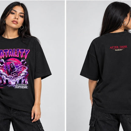 PAXBURY FATALITY oversized graphic T-shirt on female model, front and back views